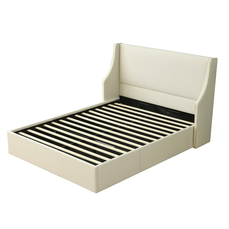 Lit plateforme tapissier avec rangement Linvel, Grand, Mélange de lin blanc