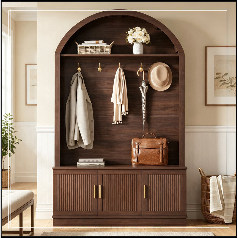 Avec 5 crochets en métal et tablettes réglables, Walnut
