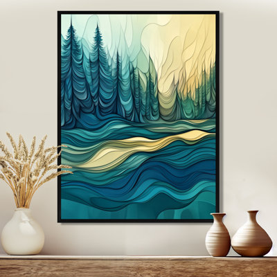 Enchanted pin, art mural, toile de lac Forest, forêt de pin enchantée verte avec ondulations de lac