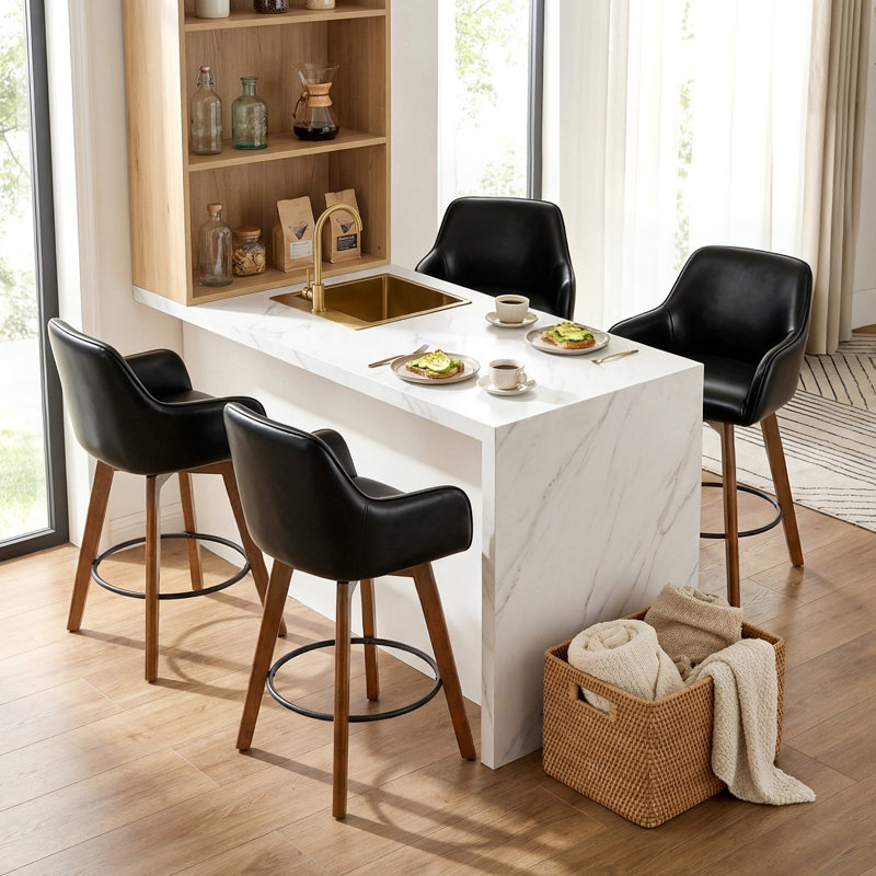 Set of 4 Swivel Upholstered 25'' Counter Stool with Solid Wood Frame & Full Back Arms, Black