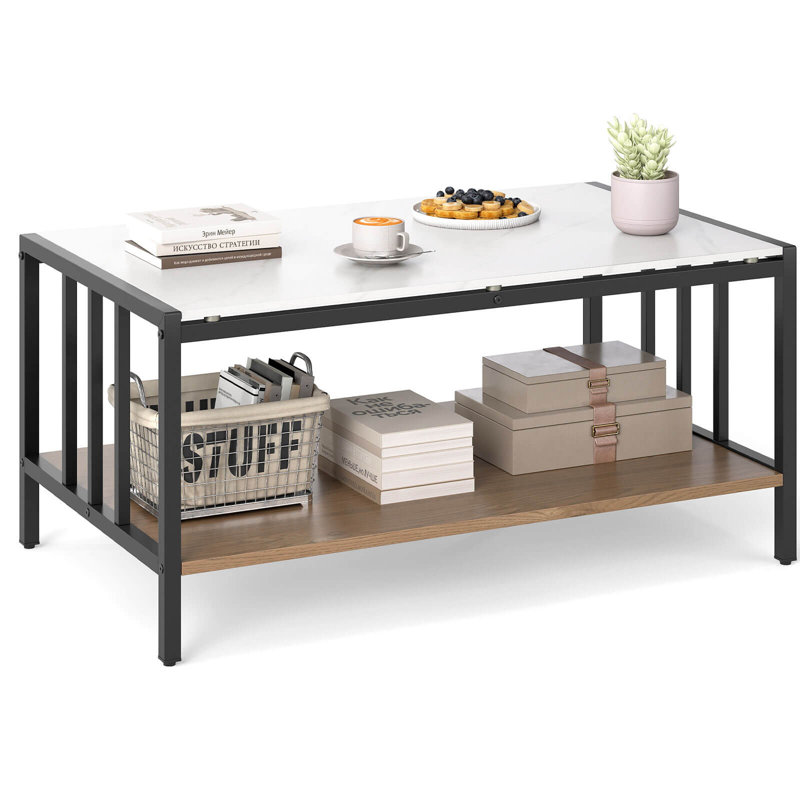 2-Tier Rectangular Coffee Table with Rock Slab Tabletop Open Shelf for Living Room