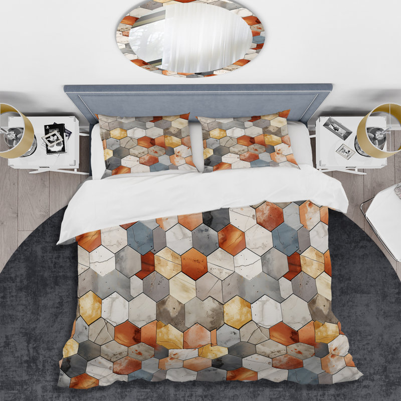 Ensemble de housse de couette motif géométrique Rustic Hexagons Boho, Housse de couette pour grand lit et 2 taies décor