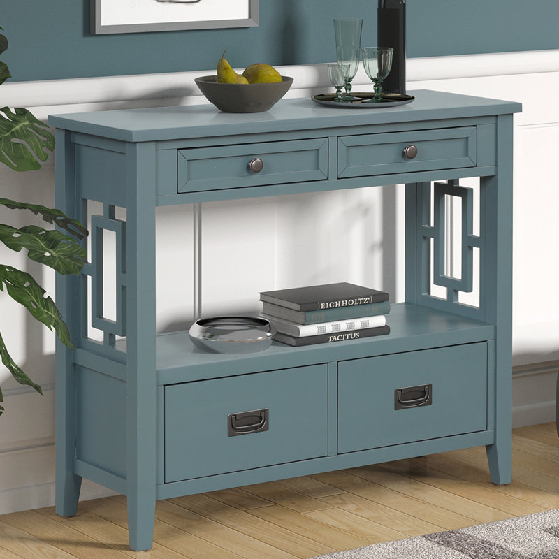 Console console avec 4 tiroirs et 1 tablette de rangement, Bleu