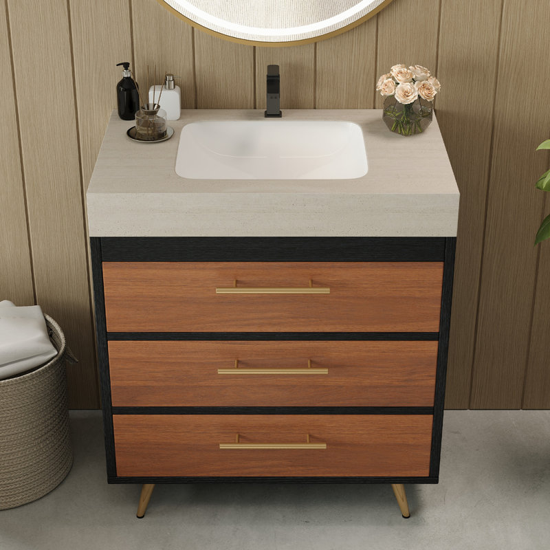 Meuble-lavabo autoportant moderne avec lavabo vasque en céramique et plateau en pierre frittée durable, Noir, noyer