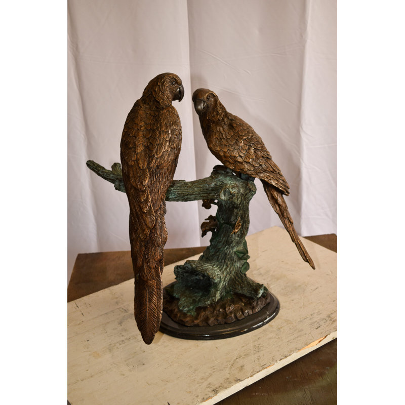 Argene Birg Two Parrots on a tree Bronze Statue Brown and Green Patina 13" x 20" x 23"H