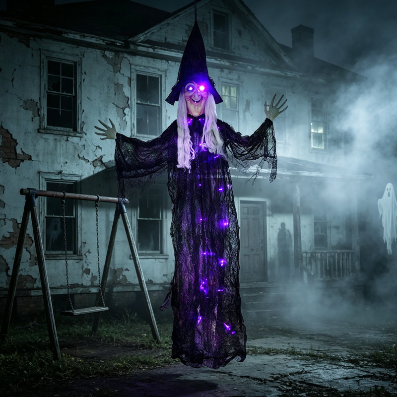 183 cm Hanging Witch Halloween Decoration with Flashing Purple LED Eyes and Body Lights, Sound Activation and Bendable Arms for Indoor and Covered Outdoor Displays