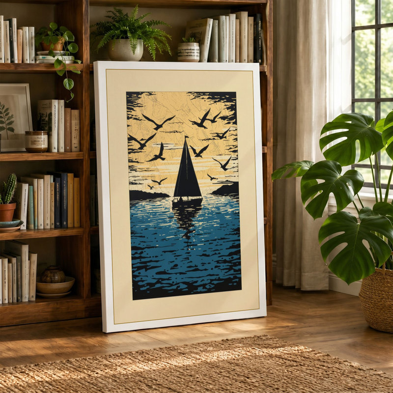 Sailboat Under Flight Coastal - Wrapped Canvas, 18x12 - 45.7 x 30.5 cm, Taupe Border
