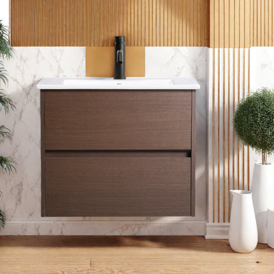 Meuble-lavabo moderne peu encombrant, finition noyer noir