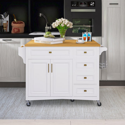 52" Drop-Leaf Countertop Kitchen Cart With Spice Rack & Towel Rack
