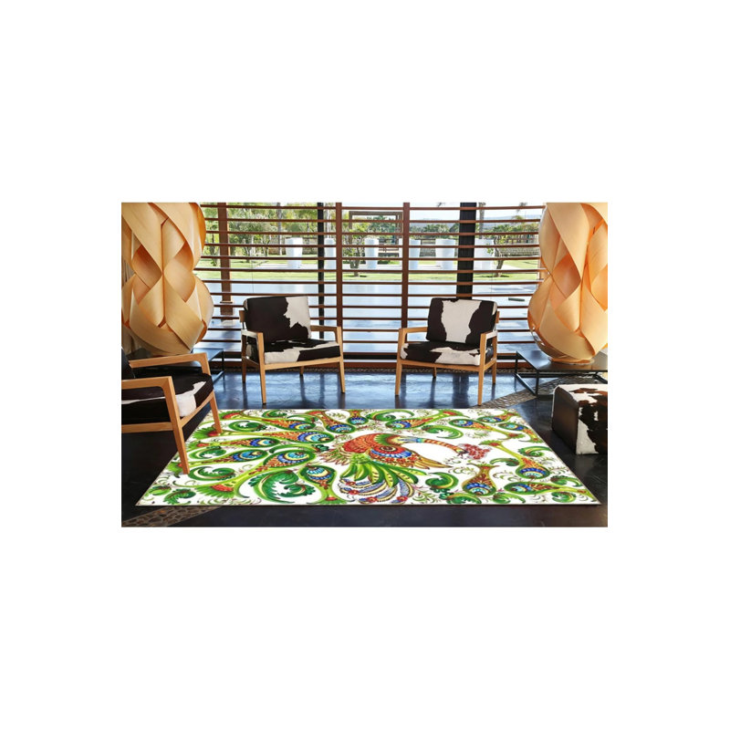 Tapis décoratif coq et vert à motif géométrique moderne, Tapis de couloir 2 pi 6 po x 6 pi 7 po