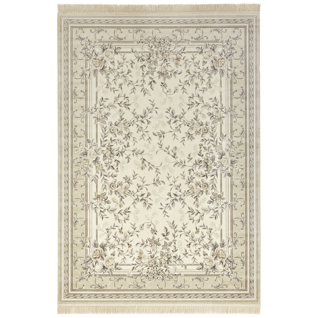 Flowers Orient Teppich - Orientalischer Kurzflor mit Fransen für Wohnzimmer, Esszimmer - Creme Beige