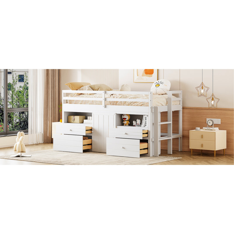 Lit mezzanine simple blanc avec 4 tiroirs, tablettes et armoire, Blanc