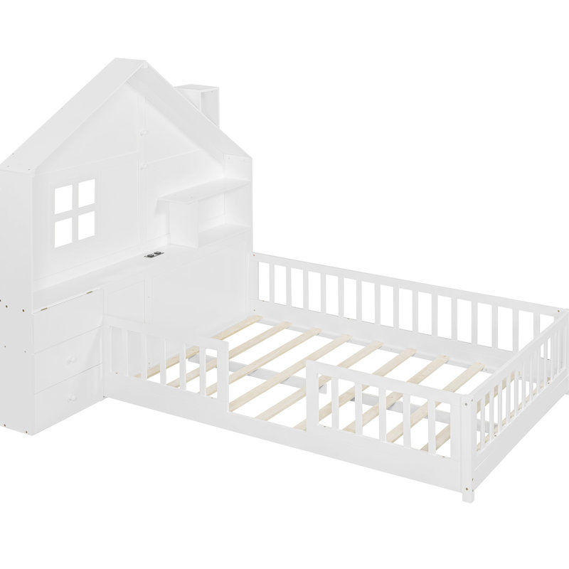 Lit double blanc avec conception de fenêtre, tiroirs de chevet, tablette et prises de courant blanches Idéal pour une chambre à coucher confortable avec un coin fenêtre, une fabrication de douilles à tablettes et une utilisation à long terme