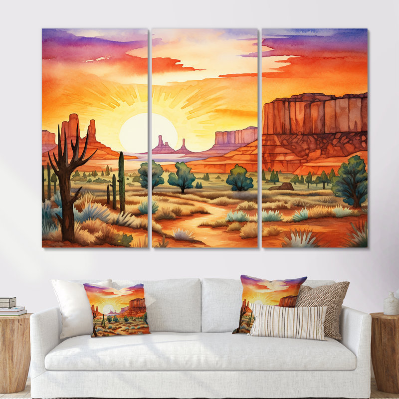 Native Navajo Landscape III - Ensemble de décoration murale d'art amérindien, H 28 po x l 36 po x P 1 po, Toile tendue