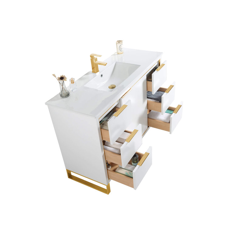 Ensemble de meuble-lavabo simple 48 po, Laiton satiné, Blanc