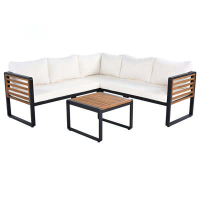 4 Pieces Outdoor Patio Conservation Set, Metal And Wood Frame Sectional L-Shaped Sofa With Soft Cushion And A Coffee Tables For Garden, Backyard, Porch And Deck