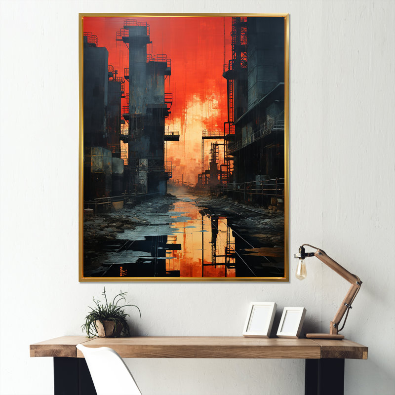 Échos de l'usine cramoisie sur toile, Cadre flottant doré, H 40 po x l 30 po x P 1,5 po