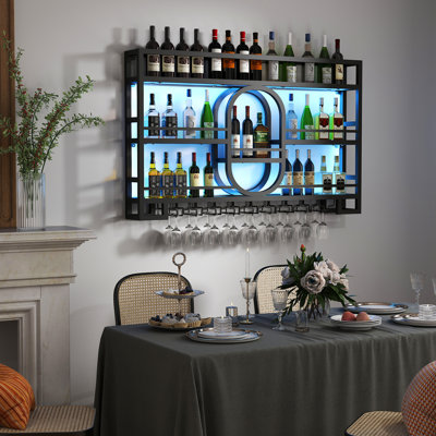 Support à vin à 3 niveaux fixé au mur avec lumière DEL
