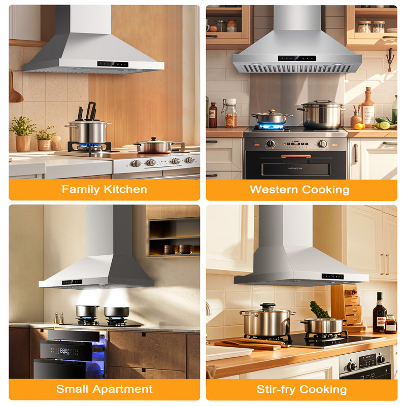 Range Hood 900Cfm, 4-Speed Smart Wall Mount Range Hood With Touch Sensor , Dual Led Lights, Baffle Filters Ducted/Ductless Convertible