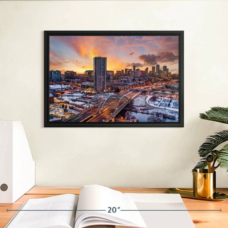 Coucher de soleil d'hiver à Denver, Cadre flottant noir, 13 po x 9 po