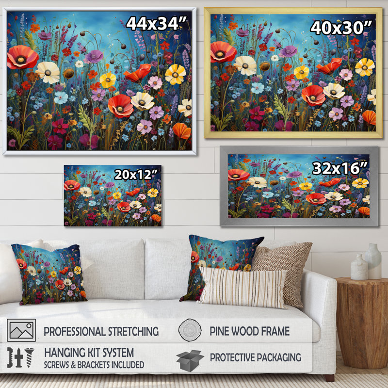 Tapisserie naturelle sur fond de fleurs sauvages colorées, H 34 po x l 44 po x P 1,5 po, Cadre naturel flottant