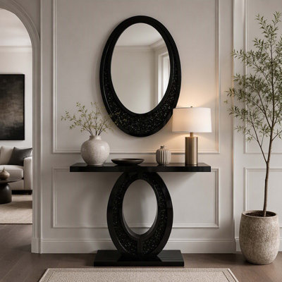 Miroir mural ovale moderne fait main en diamant broyé, miroir décoratif multi-usages de haute qualité (noir)
