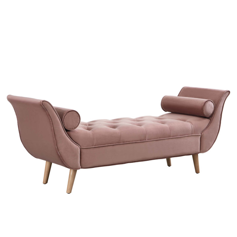 Banc rembourré en velours, Rose, Chêne