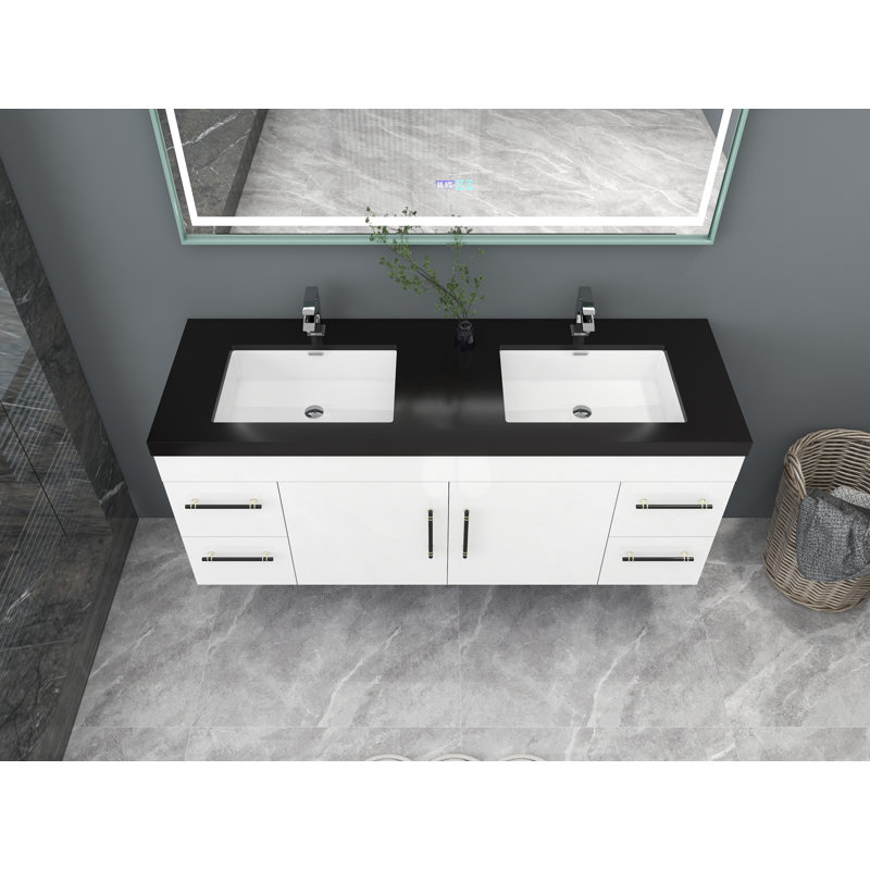 Campblin 60" Wall-Mounted Double Bathroom Vanity Set, High Gloss White, Matte Black