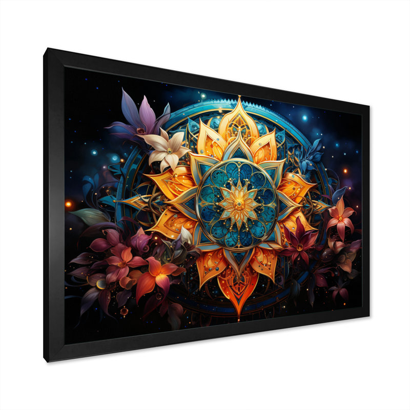 " Teal Orange Buddhist Art Mandala Harmony ", Black Single Picture Framed, 30" H x 40" W x 1.5" D