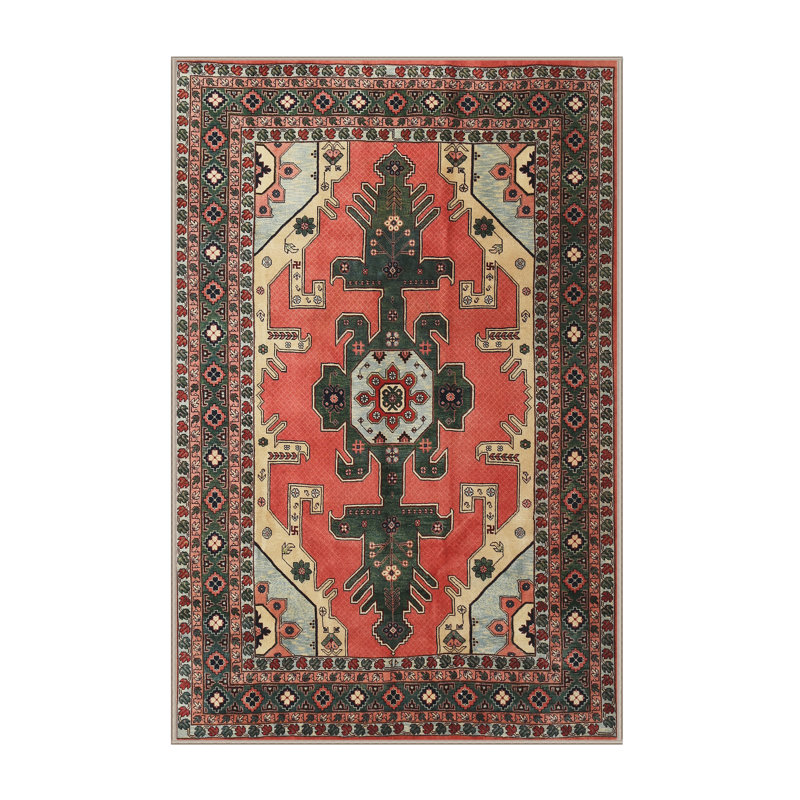 Tapis traditionnel rouge / vert / gris Carmelia, Rectangle 2 pi x 5 pi