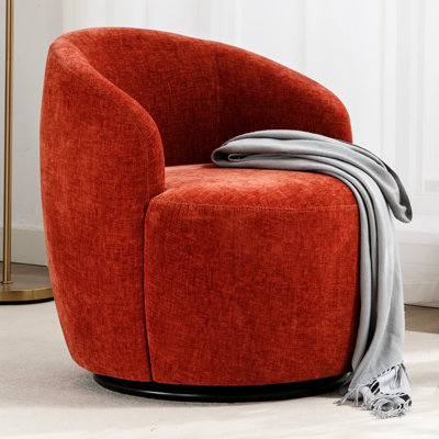 Fauteuil pivotant en tissu chenille avec pivot à 360 degrés, orange, dossier rembourré de mousse, structure en bois rembourrée, rotation