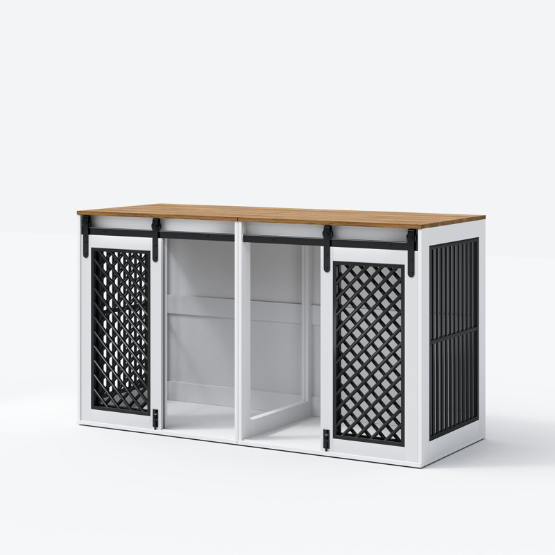 61" W Separable Large Dog Crate Furniture with Divider – Versatile Design for Multiple Dogs and Spaces, White+Brown