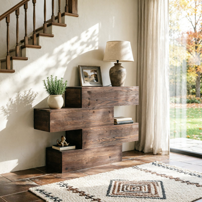 43.3" Asymmetrical Solid Wood Console Table, 31.5" Tall Open Tiered Entryway Table, Rustic Floating Sofa Table Industrial Accent Display Table for Living Room