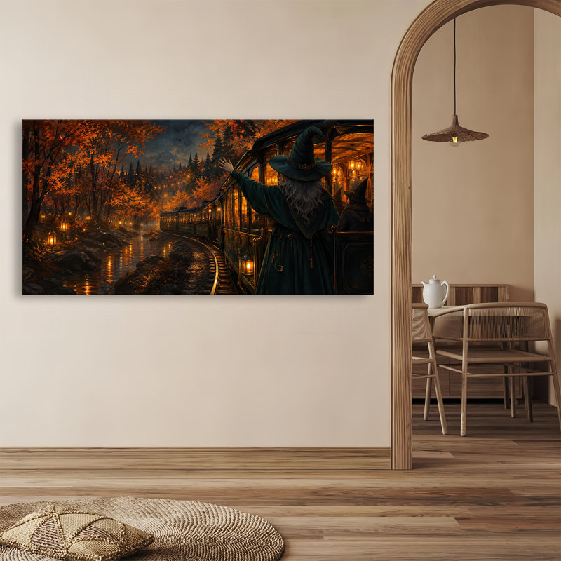 Tableau sur toile représentant une sorcière d'Halloween, une ville illuminée et magique, imprimée sur toile. Grande œuvre d'art gothique et effrayante pour la décoration du salon, de la chambre et de la maison. Cadeau idéal pour les amis, la famille, un anniversaire ou Noël.