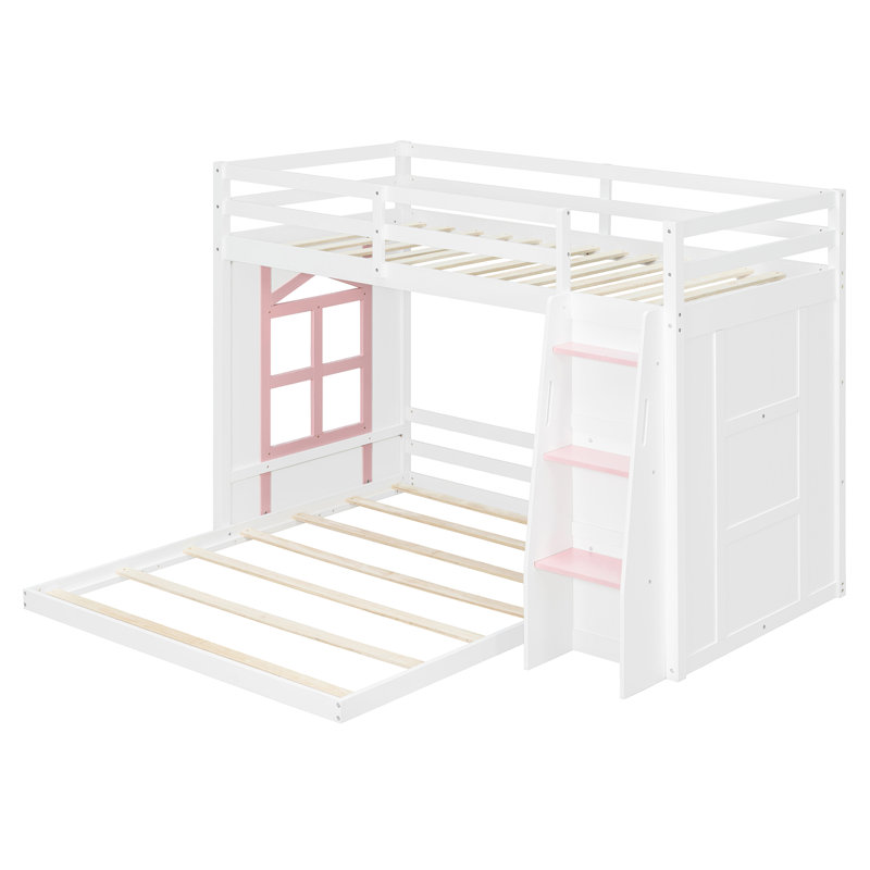 Structure de lit superposé en bois en forme de L avec fenêtre décorative, tablettes de rangement intégrées et escalier, Blanc
