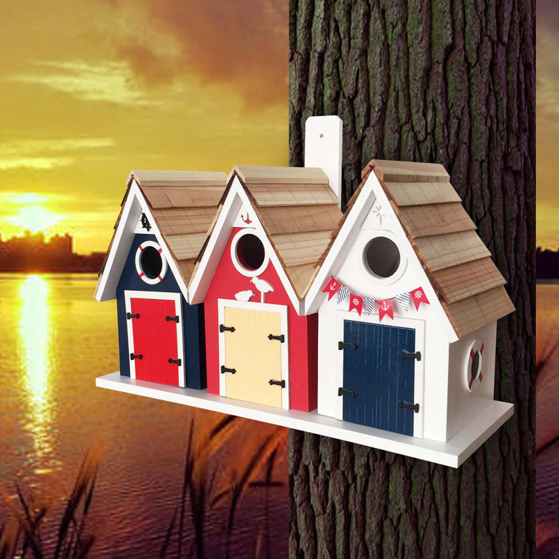 Nautical Red, Blue, and White Wooden Birdhouse Trio