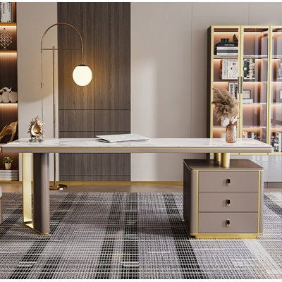 Bureau en bois fritté de luxe moderne avec détails dorés et armoire à 3 tiroirs