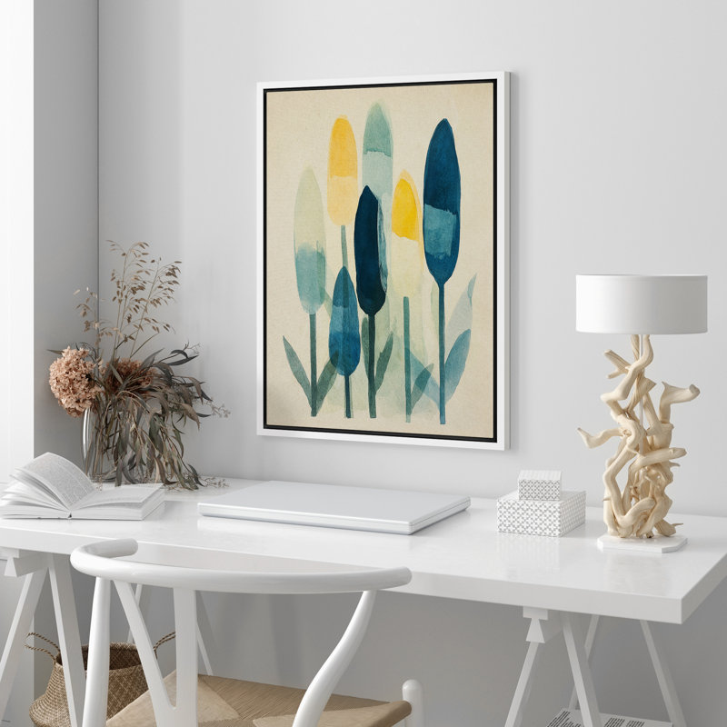 "Abstract Tulip Flowers" bleu jaune vert encadré chambre décorations murales, impression sur toile, Blanc, H 24 po x l 16 po