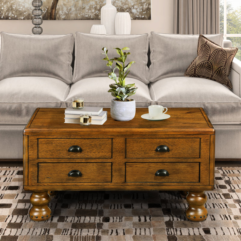 Table basse rectangulaire en bois massif pour le salon, table basse antique de 40 pouces à 4 tiroirs, table basse en bois avec pieds décoratifs à rivets, assemblage facile