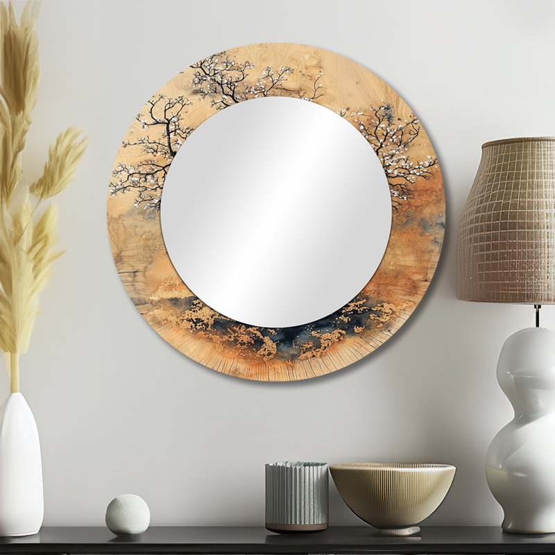 Fleur de cerisier doré sous le ciel de Sakura - Art mural miroir floral - imprimé sur métal, 23 po x 23 po