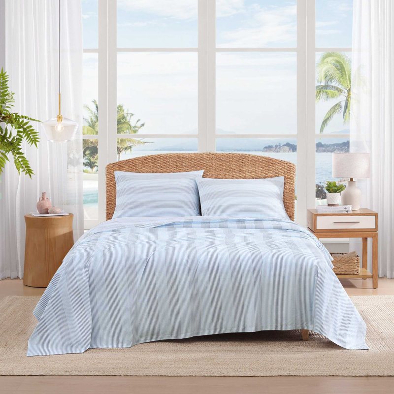 Tommy Bahama Printed Percale Cotton Sheet Set, Queen Sheet Set with 2 Pillowcases, Blue Bahama Weekend Stripe