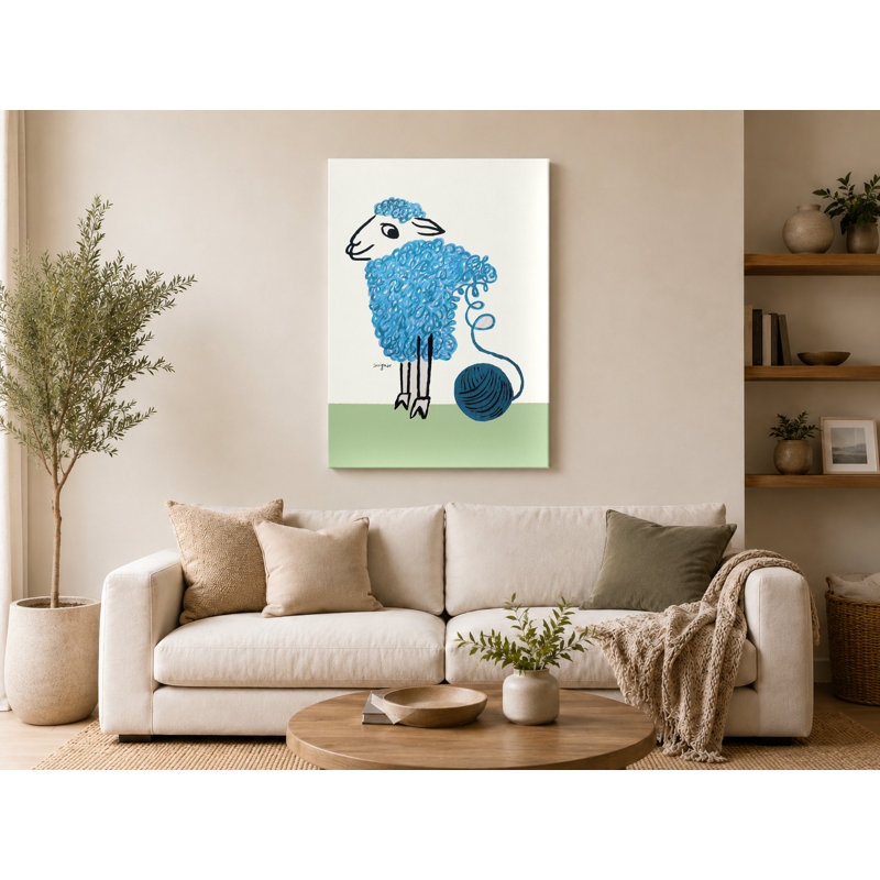 «Blue Sheep with Yarn Ball - Portrait, art mural sur toile», 24" W x 36" H