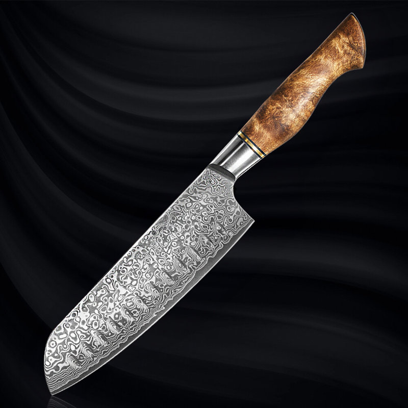 "Dynasty" Japanese VG10 Damascus Steel 7" Santoku Knife With Natural Sycamore Wood Handle