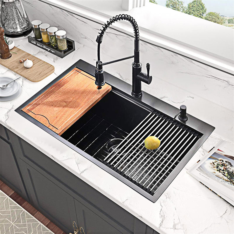 Évier de cuisine à cuve simple avec rebord intégré et ensemble d'accessoires, Noir mat