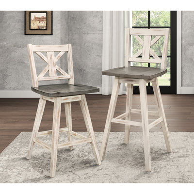Blanc 2 chaises de hauteur comptoir grises, bois d'hévéa massif, salle à manger pivotante rustique à 360 degrés, gris, bois, 360