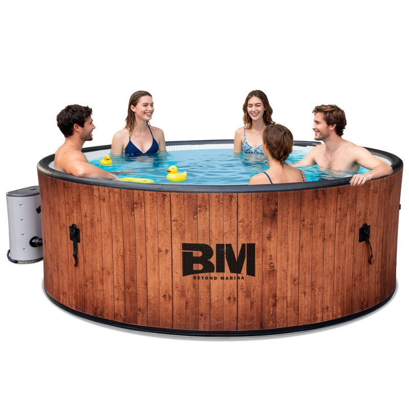 Inflatable Hot Tub 7 Person Outdoor Spa, Drop Stitch Portable Hot Tub with Bubble Massage System for Home and Personal Relaxation, Fast Heating, Foam Mats, Wood Grain