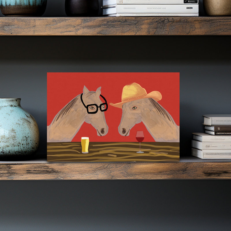 Funny Horses At Bar Contemporary Horse Wall Art Print 1 Piece Wrapped Canvas Wall Art, 30.48cm H x 45.72cm W