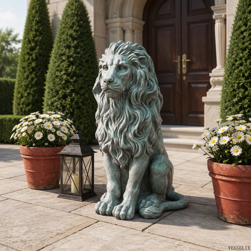 Statue de lion assis en oxyde de magnésium, sculpture de lion résistante aux intempéries pour la décoration extérieure du jardin