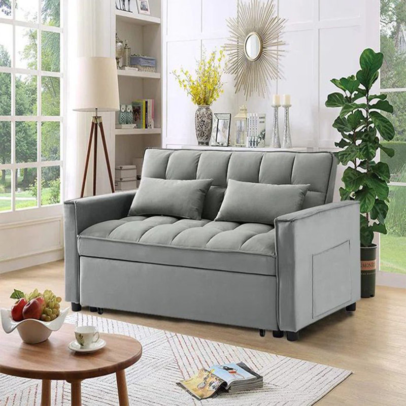 Jashlyn Velvet Convertible Loveseat,Sofa bed for Small Spaces Apartments, Gray Velvet, 31.5" H x 53" W x 35" D