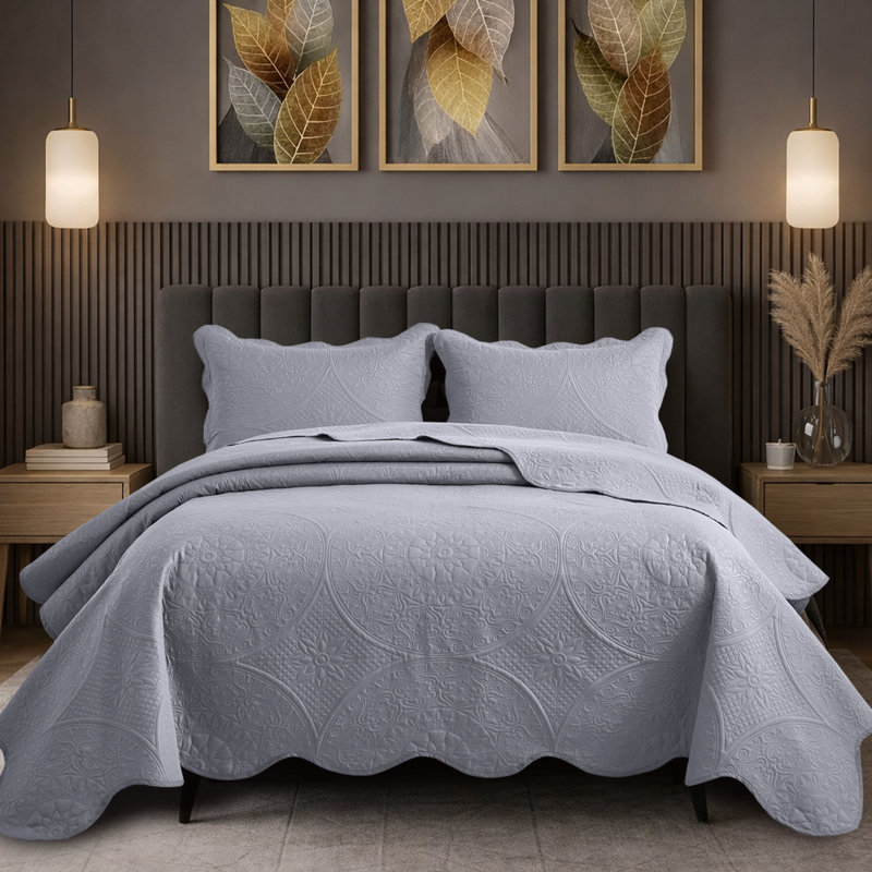 Floral Embossed Quilt Set, Silver, California King Bedspread + 2 Standard Shams